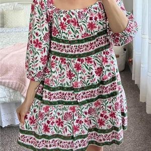 Victoria Dunn Pink Floral Puff Sleeves Sunflower Mini Dress in Geranium